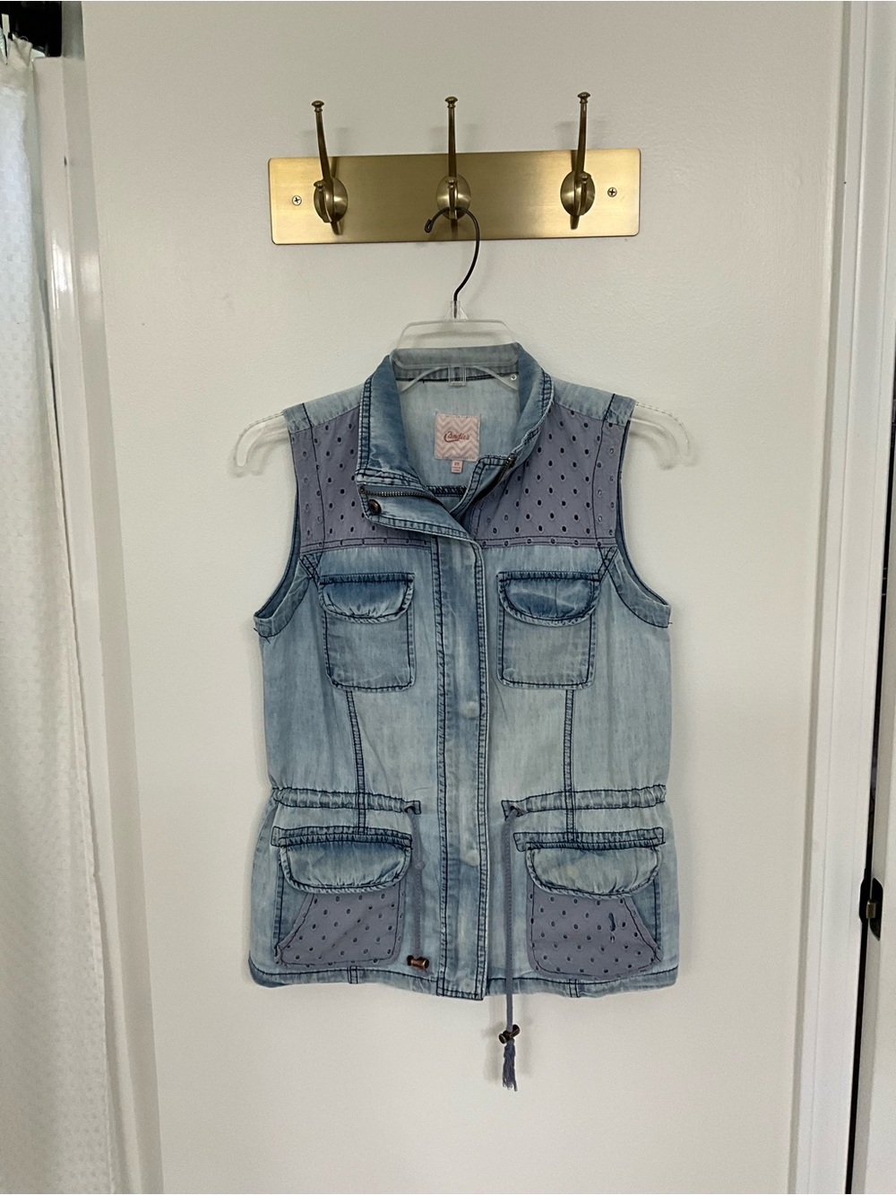 Candie’s Acid Wash Denim Utility Vest XS Eyelet Safari Military Boho Y2K
